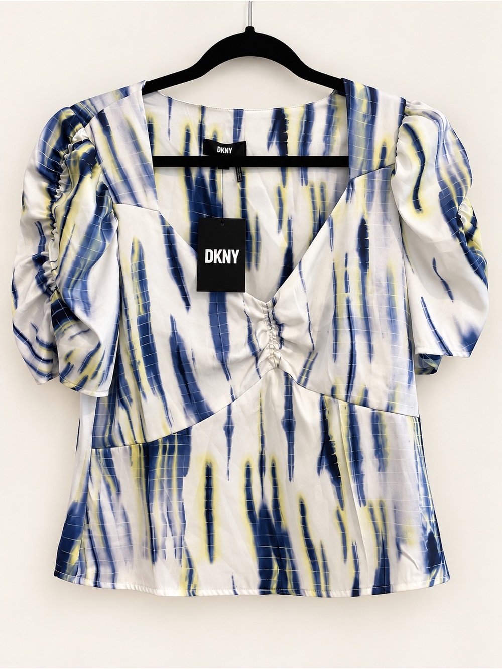 NWT DKNY Blue Yellow Abstract Print Ruched Puff Sleeve Blouse Small